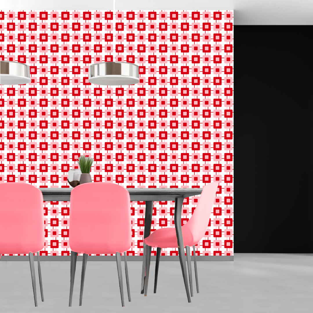 The artwork features a repeating geometric pattern of symmetrical shapes resembling elongated, curved diamonds or petals in various shades of blue and green. Each shape is split vertically with one half filled with a light blue and the other half filled with green or darker blue. The background is a light, almost pastel blue, which provides a soft yet vibrant backdrop. One of the blue shapes near the upper left contains a white starburst element, adding a focal point of brightness to the composition. The overall design conveys a modern, mid-century aesthetic with clean lines and harmonious color contrasts.